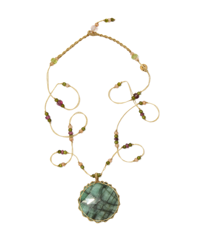 Collier Court Tibétain - Emeraude - Tourmaline Rose - Fil Beige