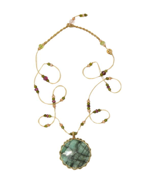 Collier Court Tibétain - Emeraude - Tourmaline Rose - Fil Beige
