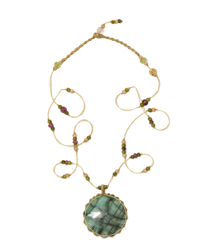Collier Court Tibétain - Emeraude - Tourmaline Rose - Fil Beige