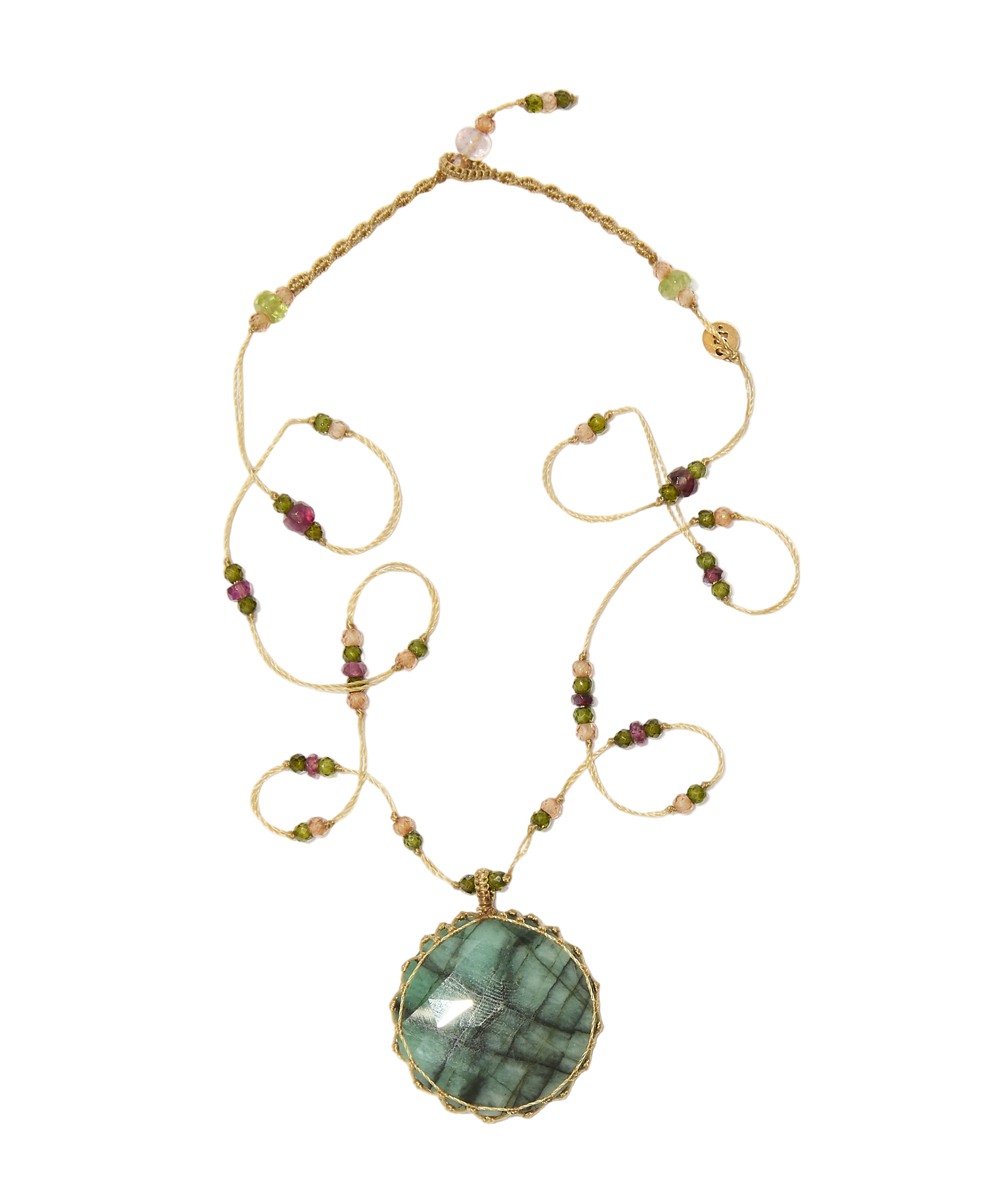 Collier Court Tibétain - Emeraude - Tourmaline Rose - Fil Beige
