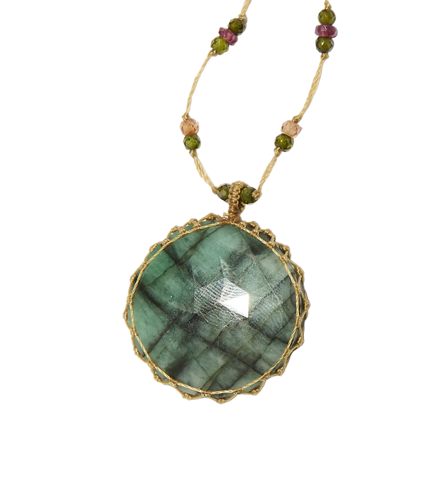 Collier Court Tibétain - Emeraude - Tourmaline Rose - Fil Beige