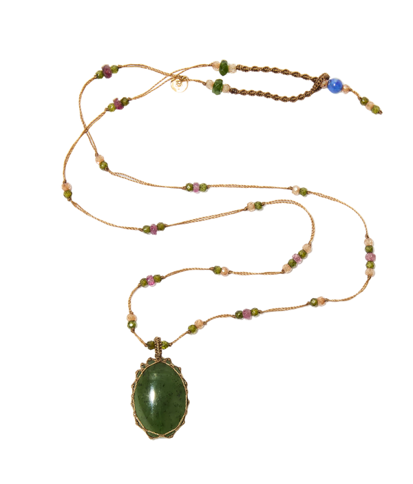 Sautoir Tibétain – Jade Verte – Tourmaline Rose – Fil Tabac