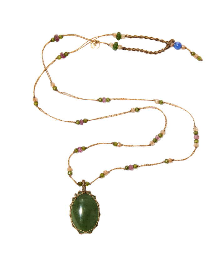 Sautoir Tibétain – Jade Verte – Tourmaline Rose – Fil Tabac