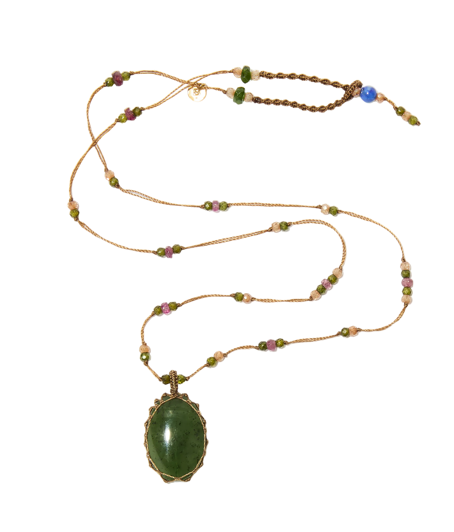 Sautoir Tibétain – Jade Verte – Tourmaline Rose – Fil Tabac