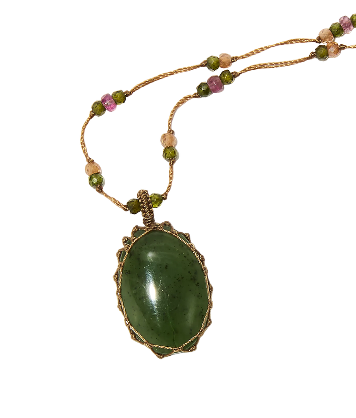 Sautoir Tibétain – Jade Verte – Tourmaline Rose – Fil Tabac