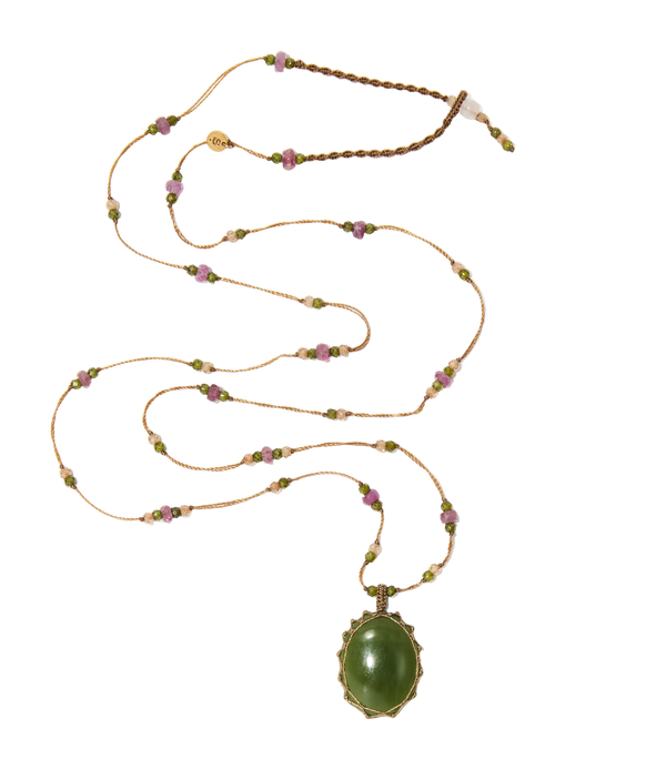 Sautoir Tibétain – Jade Verte – Tourmaline Rose – Fil Tabac