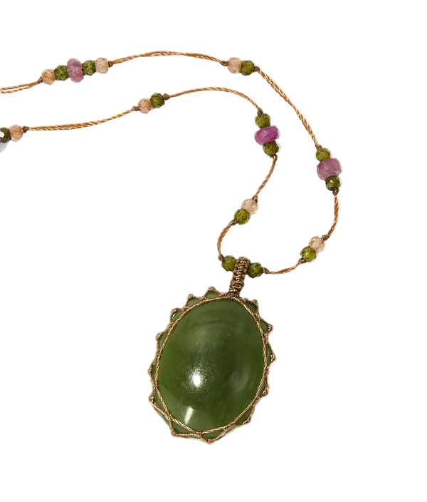 Sautoir Tibétain – Jade Verte – Tourmaline Rose – Fil Tabac