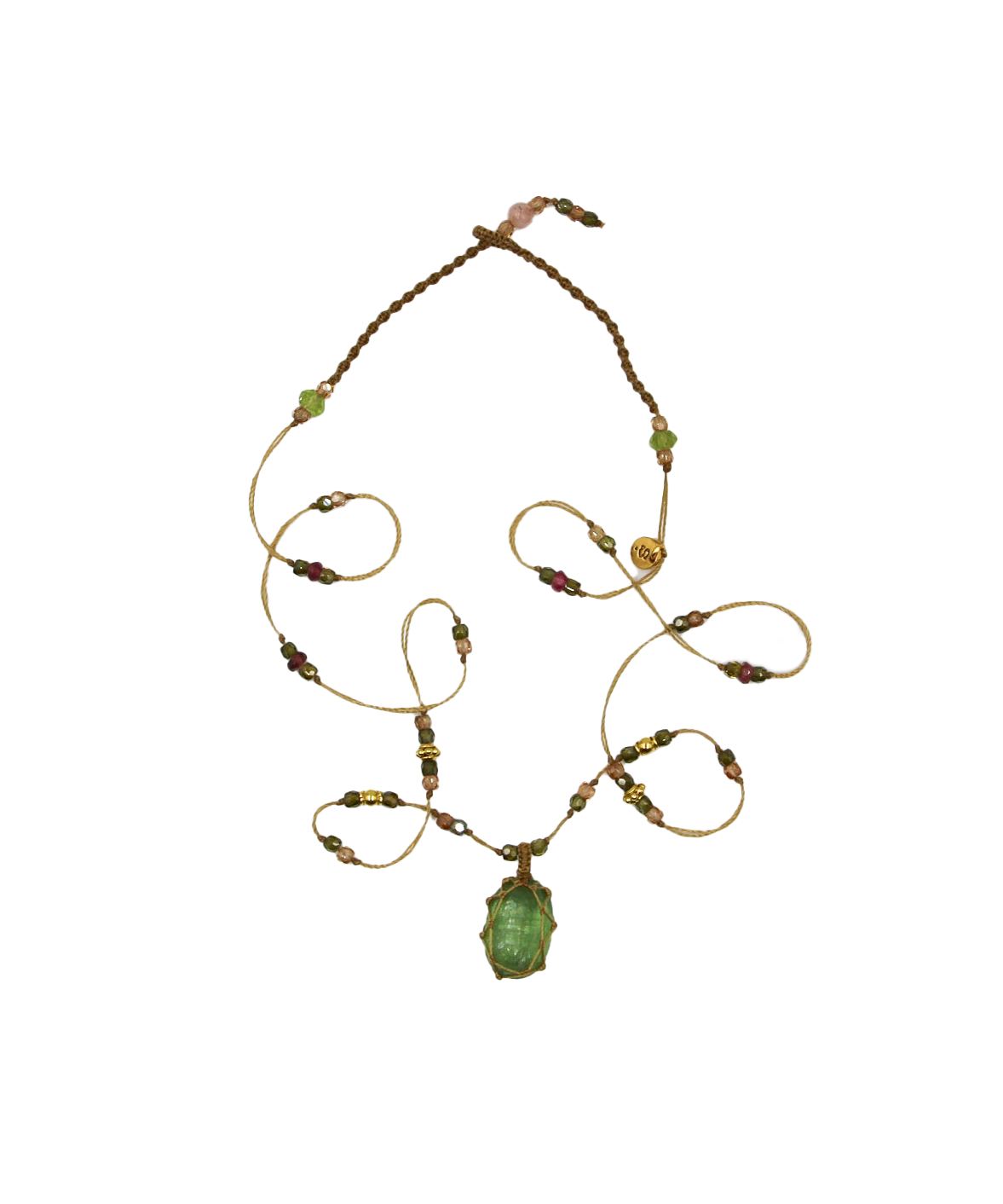 So Precious Collier Court Tibétain - Kyanite Verte - Mix Tourmaline Rose - Fil Beige