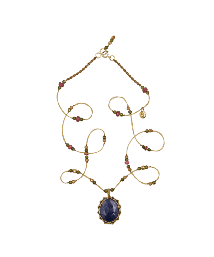 So Precious Necklace Tibetan Short - Glassfilled Blue - Mix Pink Tourmaline - Beige Thread