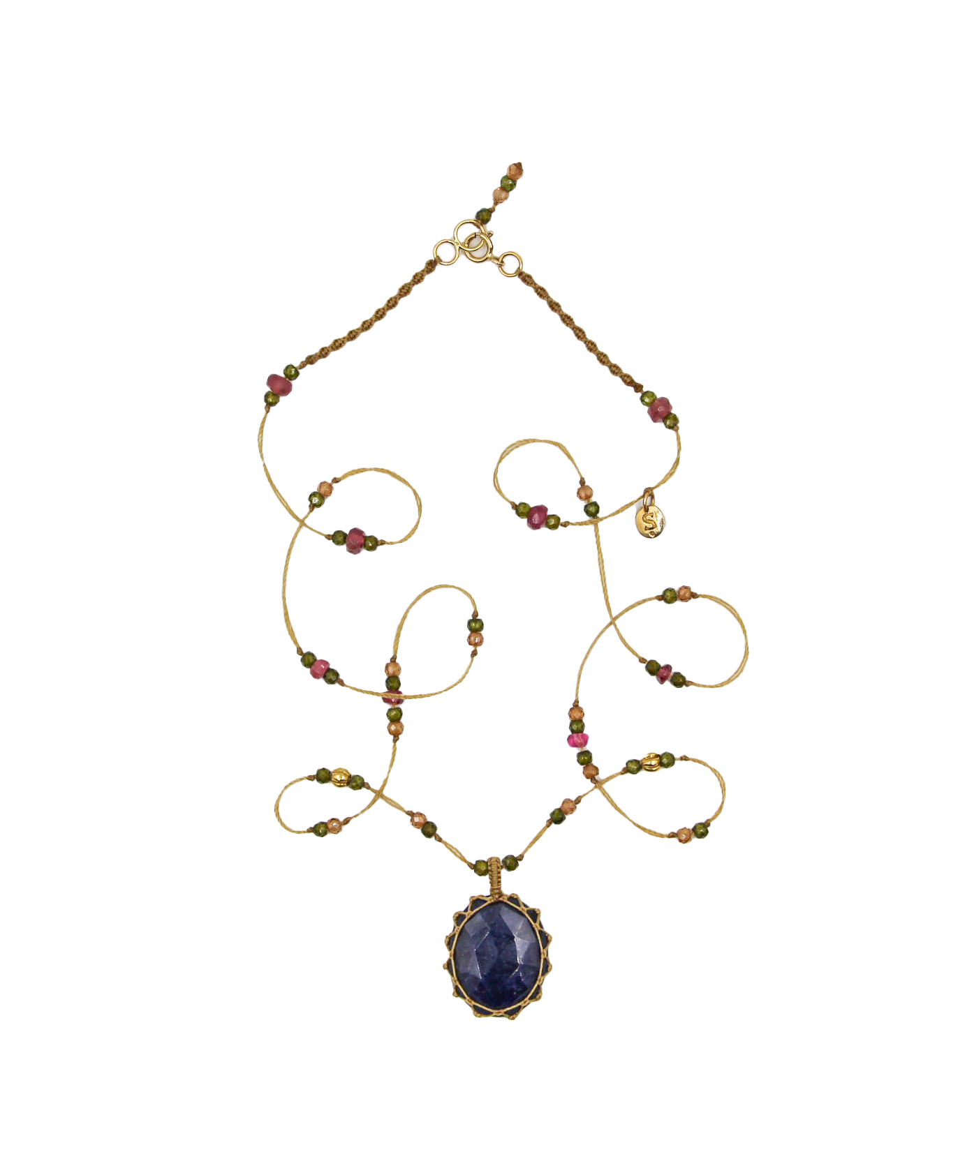 So Precious Collier Court Tibétain - Glassfilled Bleu - Mix Tourmaline Rose - Fil Beige