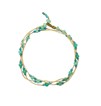 Halskette & Armband Loopy Duo - Chrysopras & Apatit - Beiger Faden