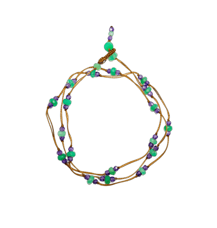 Necklace & Bracelet Loopy Duo - Chrysoprase & Violets - Tobacco Thread