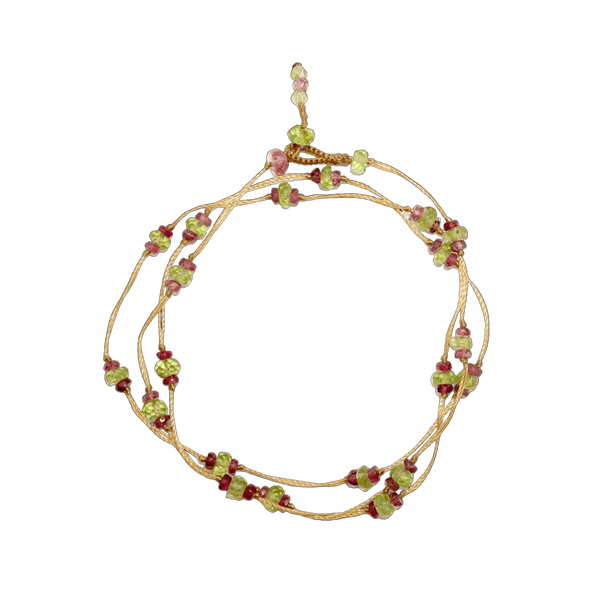 Collier & Bracelet Loopy Duo - Péridot & Tourmaline Rose - Fil Beige