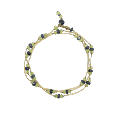 Halskette & Armband Loopy Duo - Peridot & Blauer Saphir - Beiger Faden