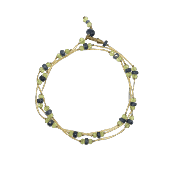 Collier & Bracelet Loopy Duo - Péridot & Saphir Bleu - Fil Beige