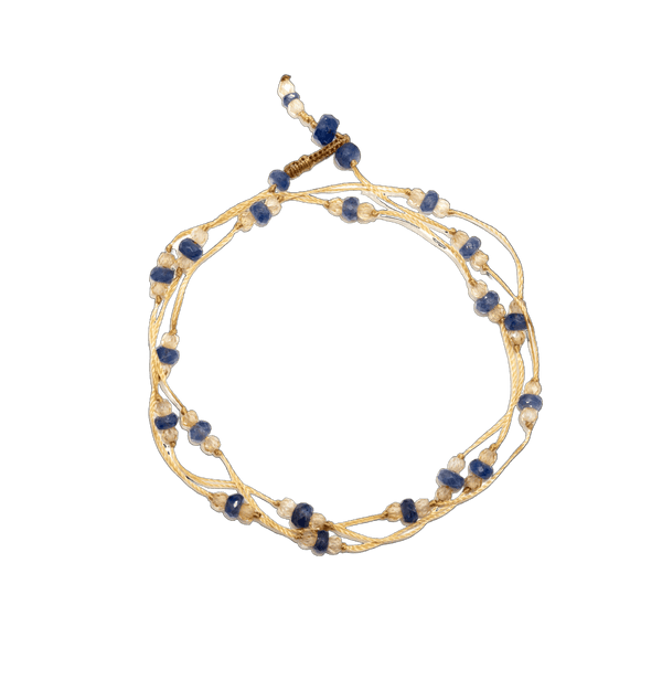 Collier & Bracelet Loopy Duo - Saphir Bleu & Champagne - Fil Beige