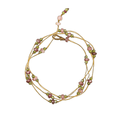 Collier & Armband Loopy Duo - Rosa-Tourmaline & Huhn - Beiger Faden
