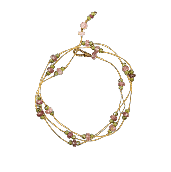 Collier & Bracelet Loopy Duo - Tourmalines Roses & Henne - Fil Beige