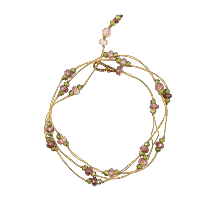 Necklace & Bracelet Loopy Duo - Pink Tourmalines & Wheat - Beige Thread