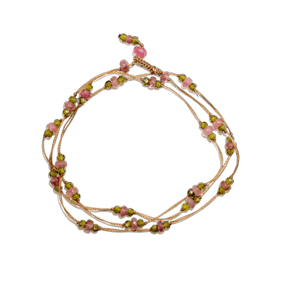 Collier & Armband Loopy Duo - Rosa Tourmaline & Huhn - Tabakfarbenes Garn