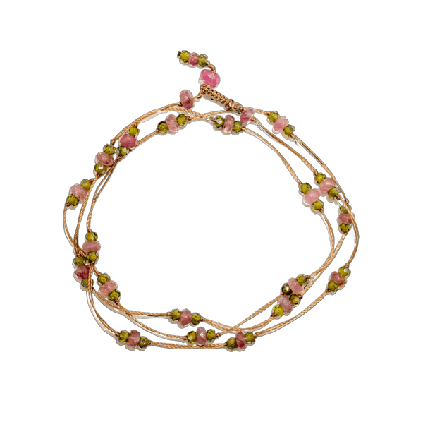 Collier & Bracelet Loopy Duo - Tourmalines Roses & Henne - Fil Tabac