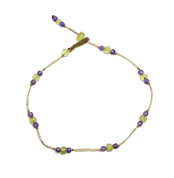 Bracelet T.Bee Duo - Péridot & Violets - Fil Beige