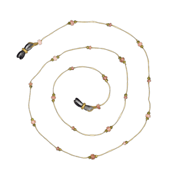 Chaîne de Lunettes Lucy - Tourmaline Rose & Zirconiums Henne - Fil Beige