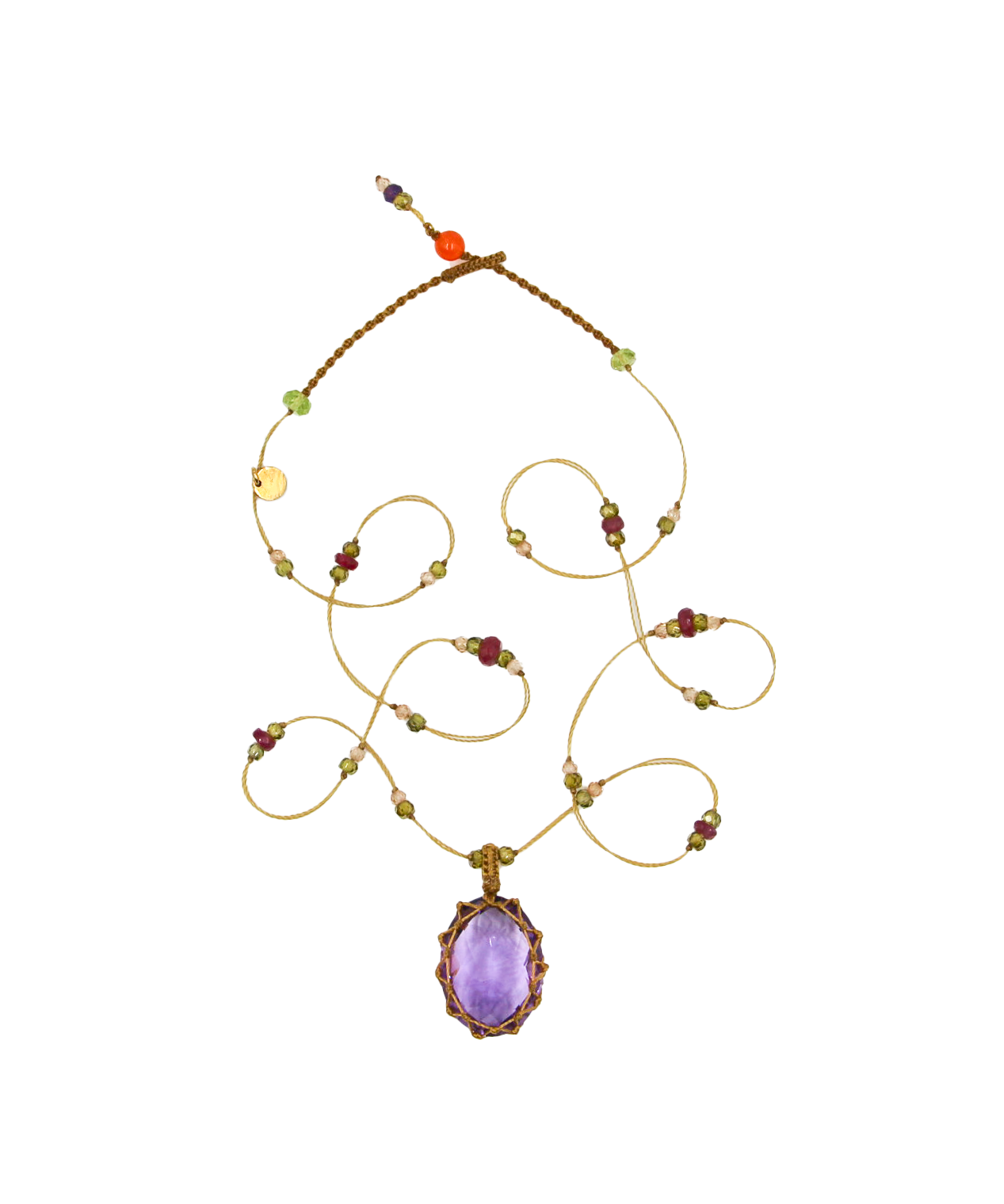 Short Tibetan Necklace - Light Violet Amethyst - Mix Pink Tourmaline - Beige Thread