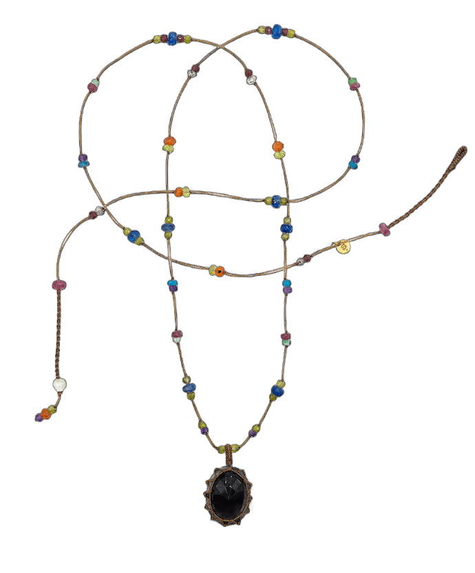 Long Tibetan Necklace - Black Onyx - Multi-Stone Mix - Tobacco Thread