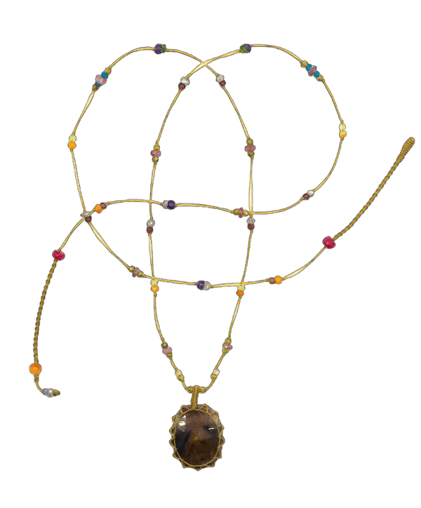 Sautoir Tibétain - Corundum Marron - Mix Multi Pierres - Fil Beige