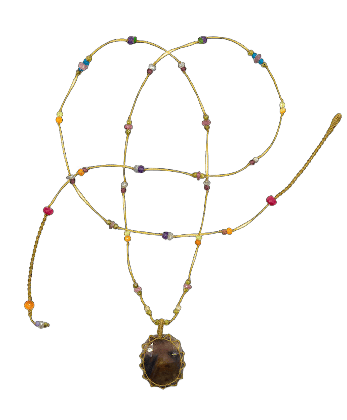 Sautoir Tibétain - Corundum Marron - Mix Multi Pierres - Fil Beige