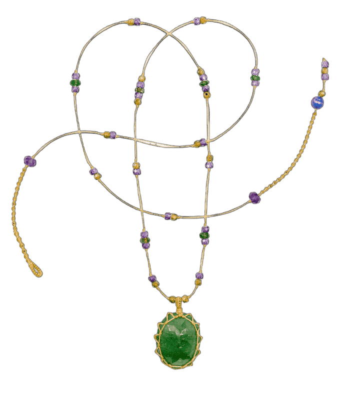 Short Tibetan Necklace - Green Strawberry Quartz - Tsavorite Mix - Beige Thread