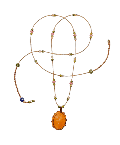 Collana Corto Tibetano - Quarzo Fragola Arancione - Mix Tormalina Rosa - Filo Tabacco
