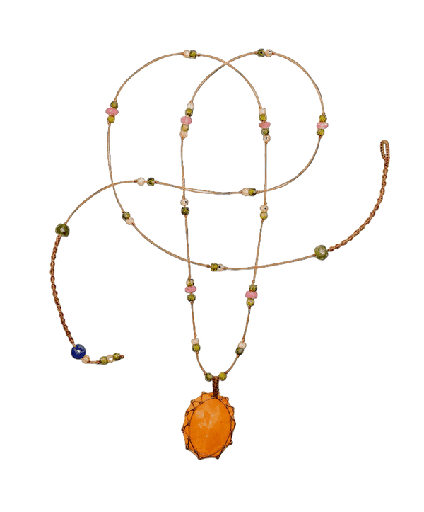 Collier Court Tibétain - Strawberry Quartz Orange - Mix Tourmaline Rose - Fil Tabac