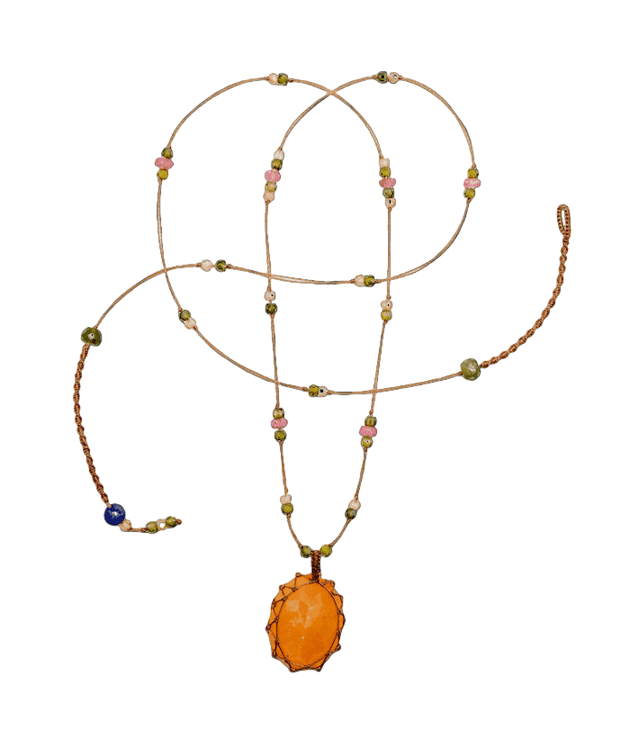 Collier Court Tibétain - Strawberry Quartz Orange - Mix Tourmaline Rose - Fil Tabac
