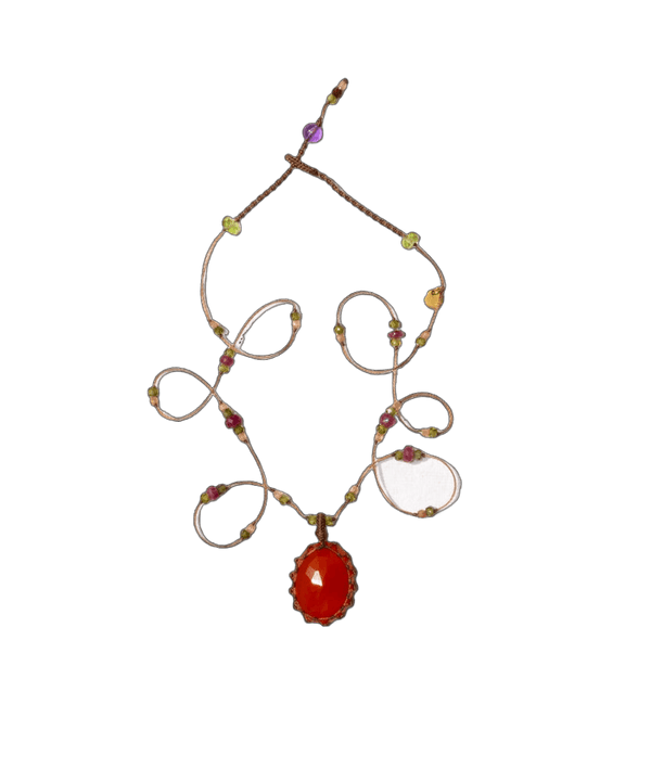 Collier Court Tibétain - Cornaline - Mix Tourmaline Rose - Fil Tabac