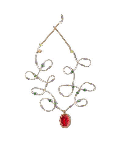 Long Tibetan Necklace - Red Indian Glass - Tsavorite Mix - Beige Thread