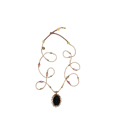 Collana Corta Tibetana - Onice Nero - Mix Tormalina Rosa - Filo Beige