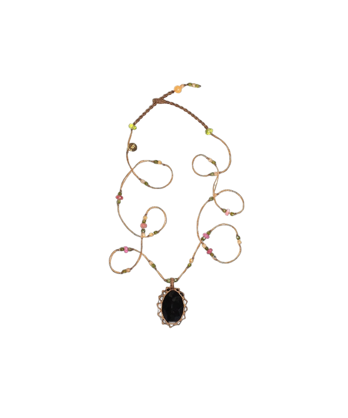 Collier Court Tibétain - Onyx Noir - Mix Tourmaline Rose - Fil Beige