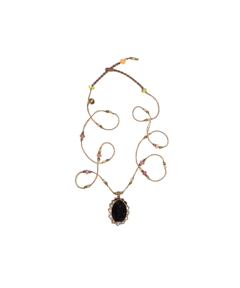 Short Tibetan Necklace - Black Onyx - Rose Tourmaline Mix - Beige Thread
