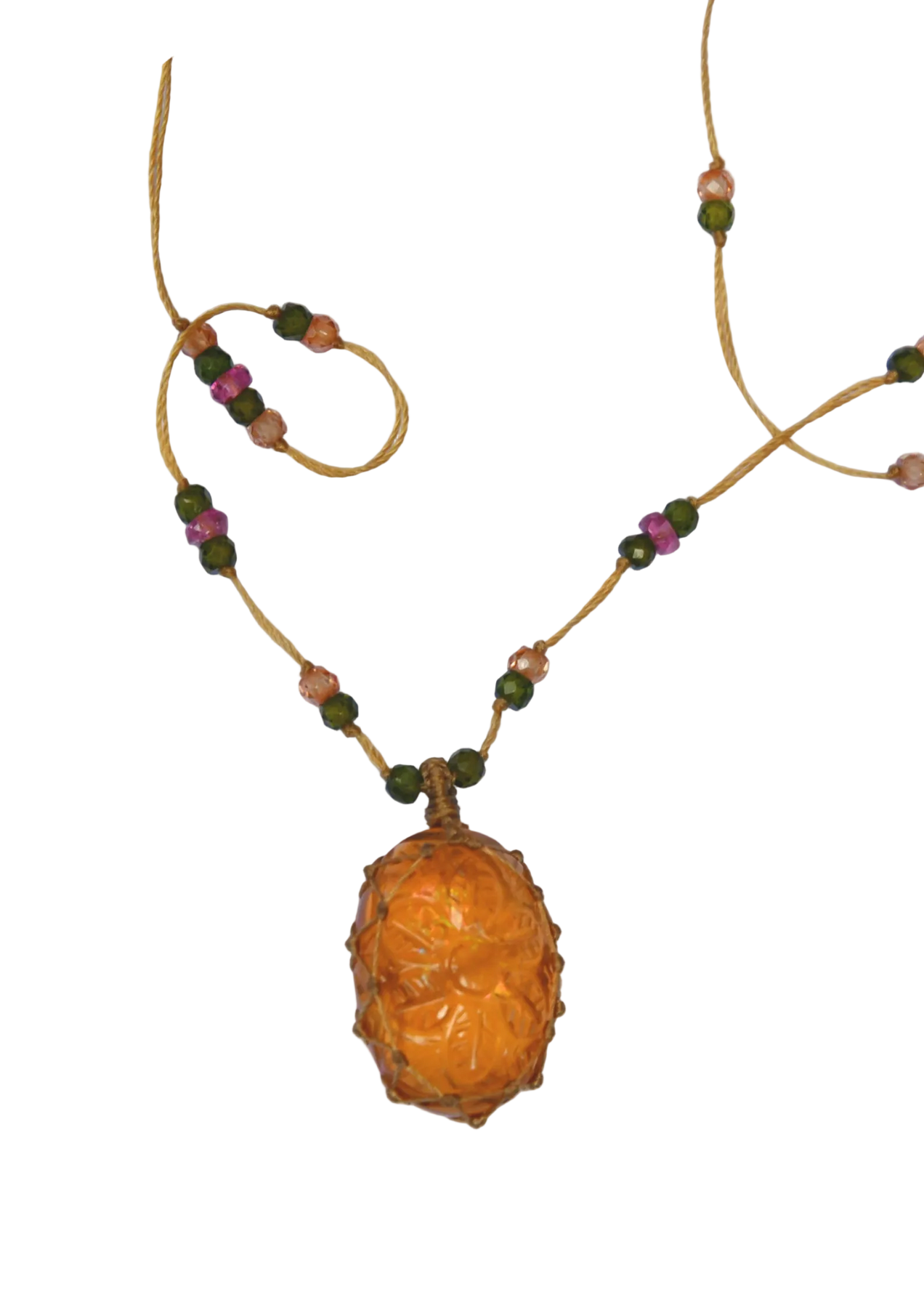 Short Tibetan Necklace - Chrysoprase - Mixed Chrysoprase - Beige Thread
