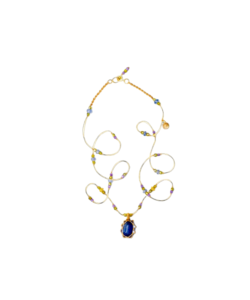 So Precious Collier Court Tibétain - Kyanite Bleue - Mix Saphir - Fil Beige