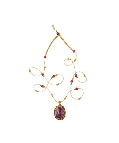 Short Tibetan Necklace - Ruby Zoïsite - Ruby Mix - Beige Thread