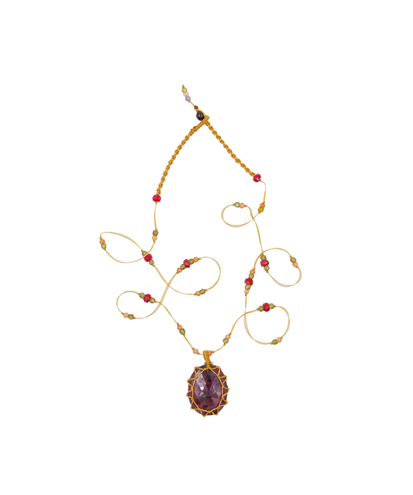 Short Tibetan Necklace - Ruby Zoïsite - Ruby Mix - Beige Thread