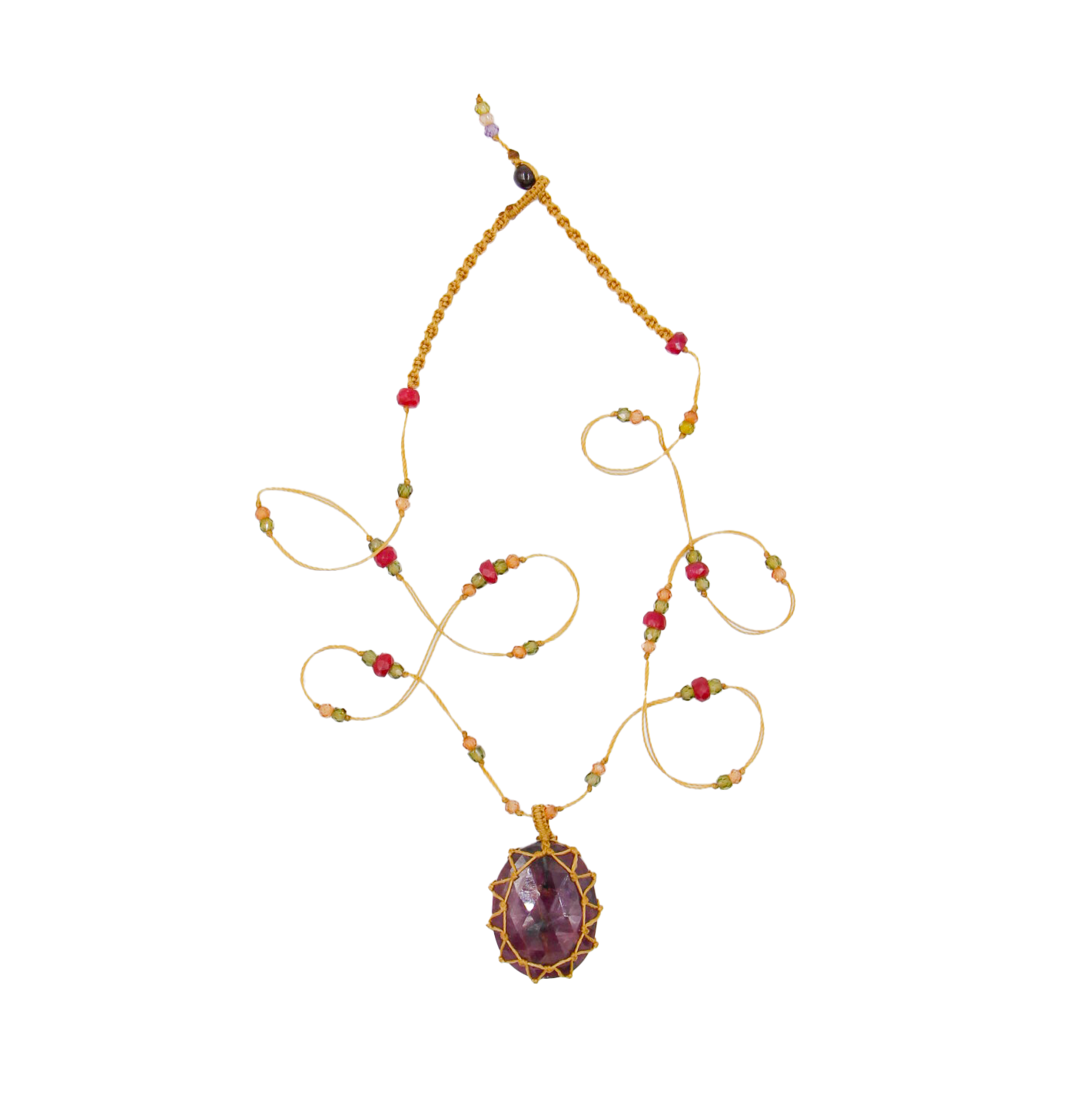 Short Tibetan Necklace - Ruby Zoisite - Mix Ruby - Beige Thread