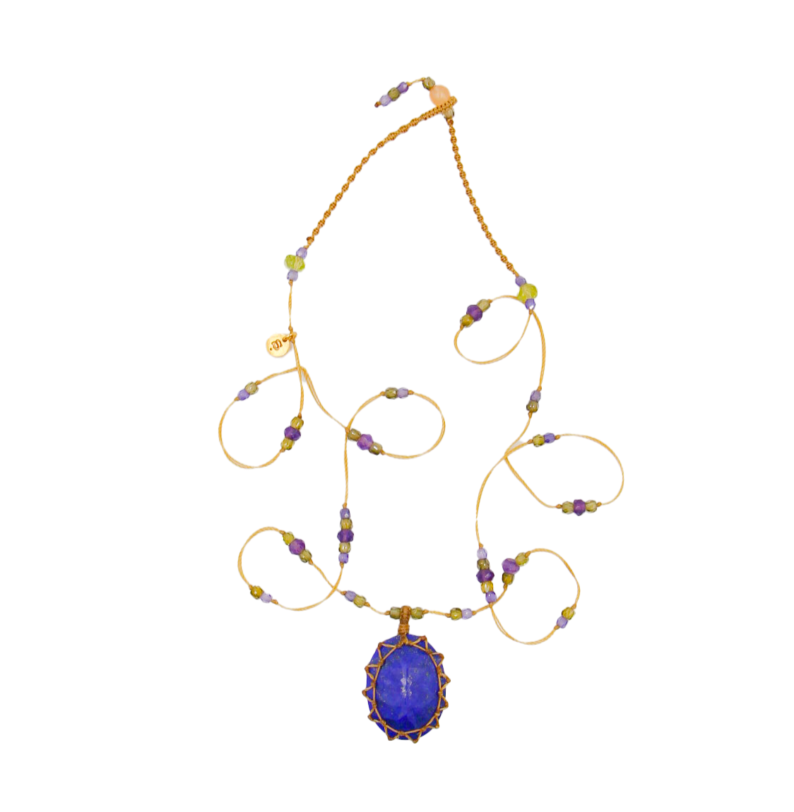 Short Tibetan Necklace - Lapis Lazuli - Amethyst Mix - Beige Thread