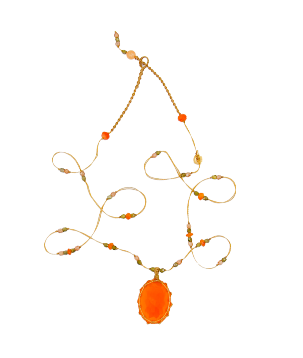Tibetan Short Necklace - Orange Onyx - Carnelian Mix - Beige Thread