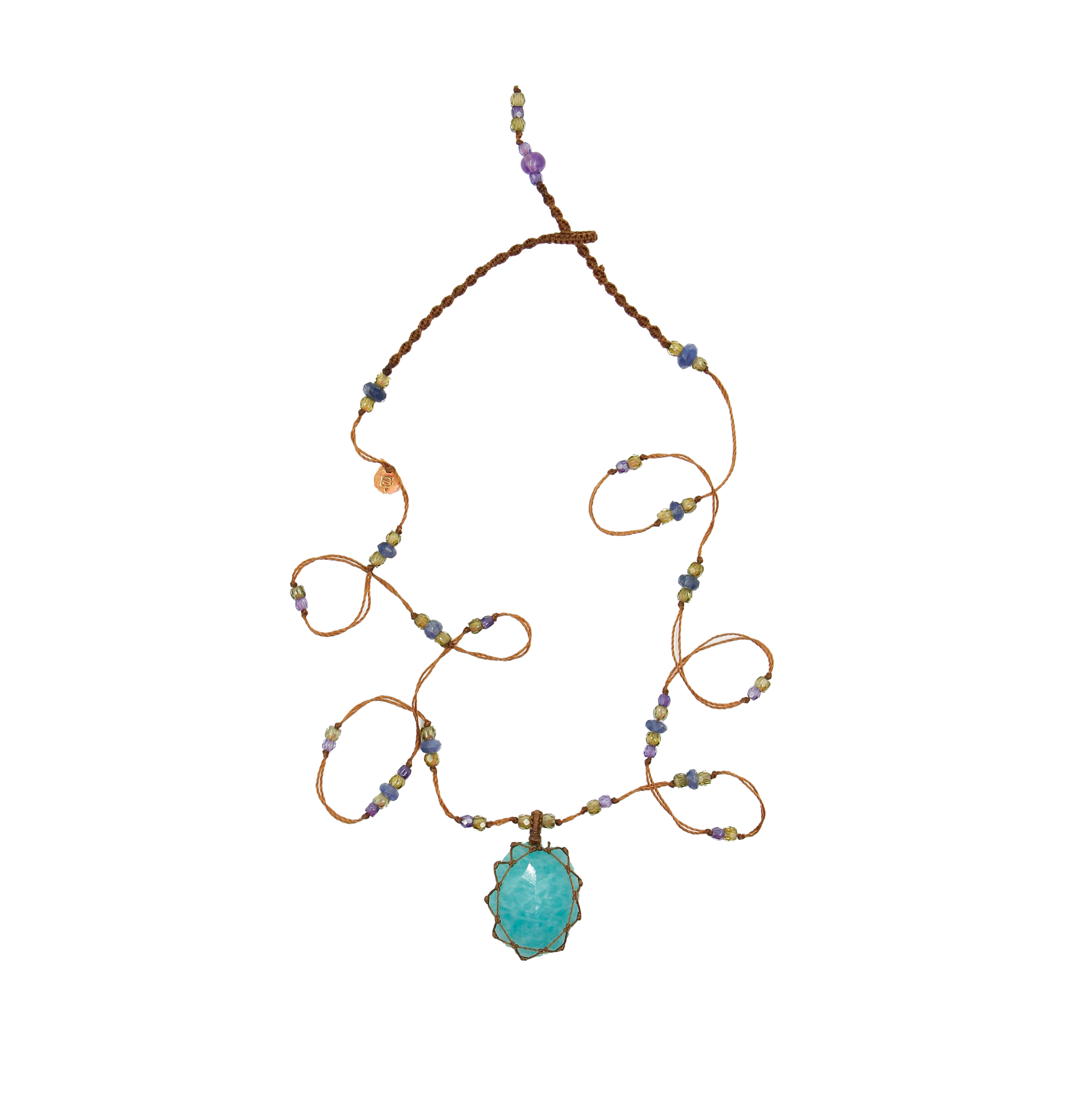 Short Tibetan Necklace - Blue Amazonite - Mix Sapphire - Beige Thread