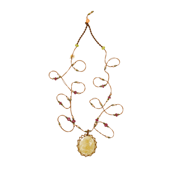 Sautoir Tibétain - Quartz Rutile Gold - Mix Tourmaline Rose - Tabakfarbenes Band 
becomes 
Tibetischer Sautoir - Rutilquarz Gold - Mix Rosa Turmalin - Tabakfarbiges Band