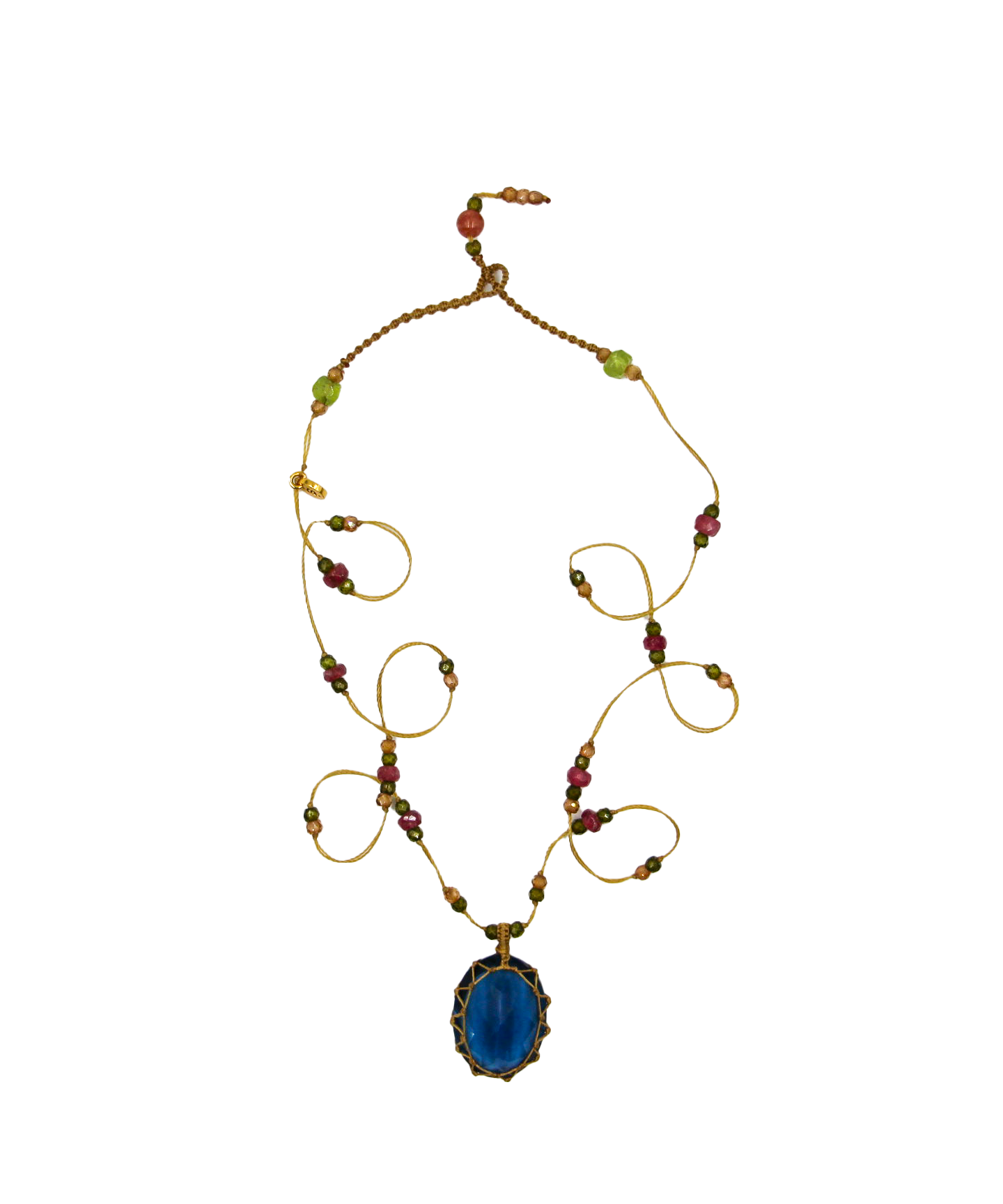 Collier Court Tibétain - Indian Glass Tanzanite - Mix Tourmaline Rose - Fil Beige